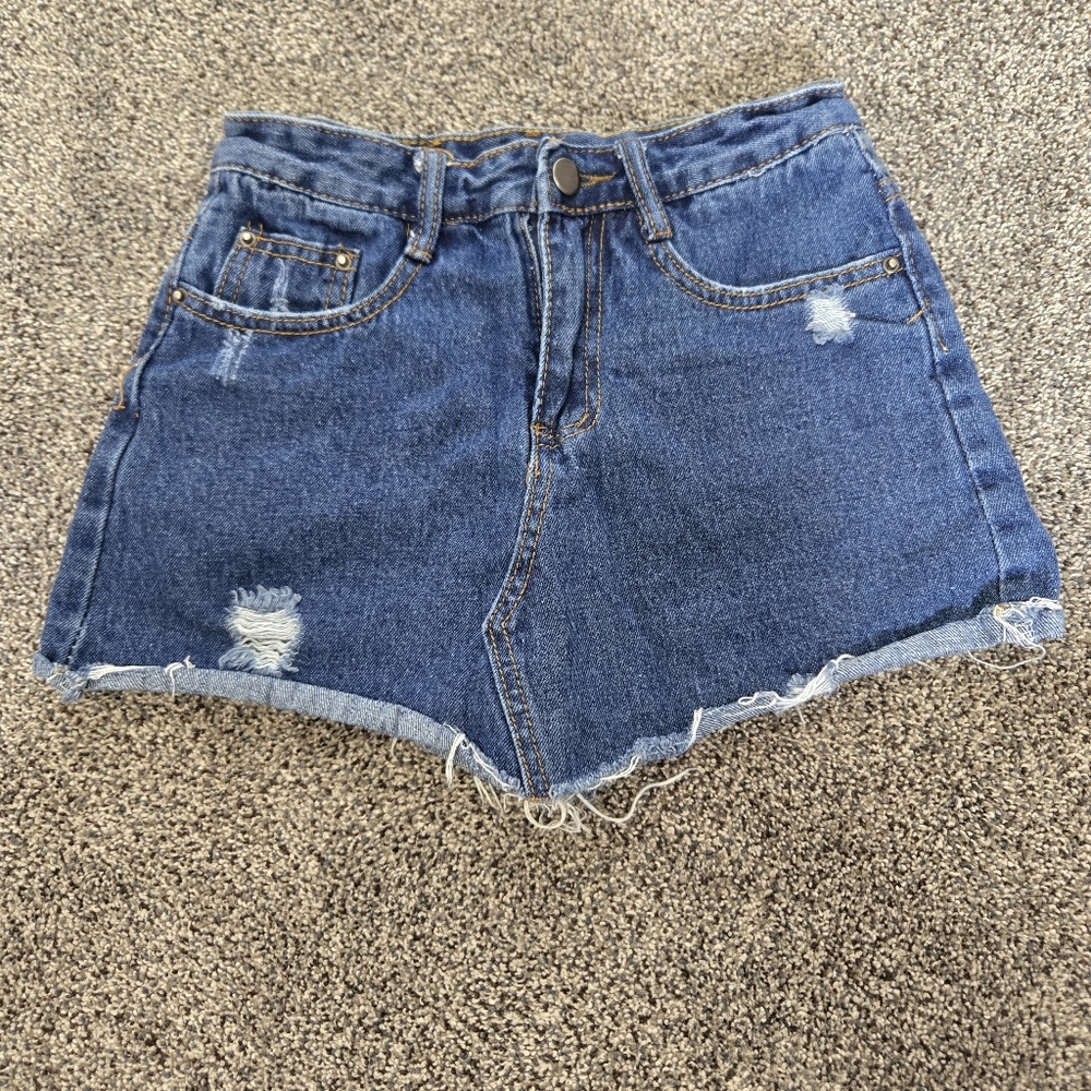Blue Jean Shorts with Distressed Raw Hem